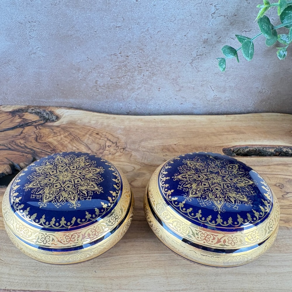 Lazeyras Limoges Cobalt Blue Gold Trinket Boxes French Porcelain Jewelry Dishes